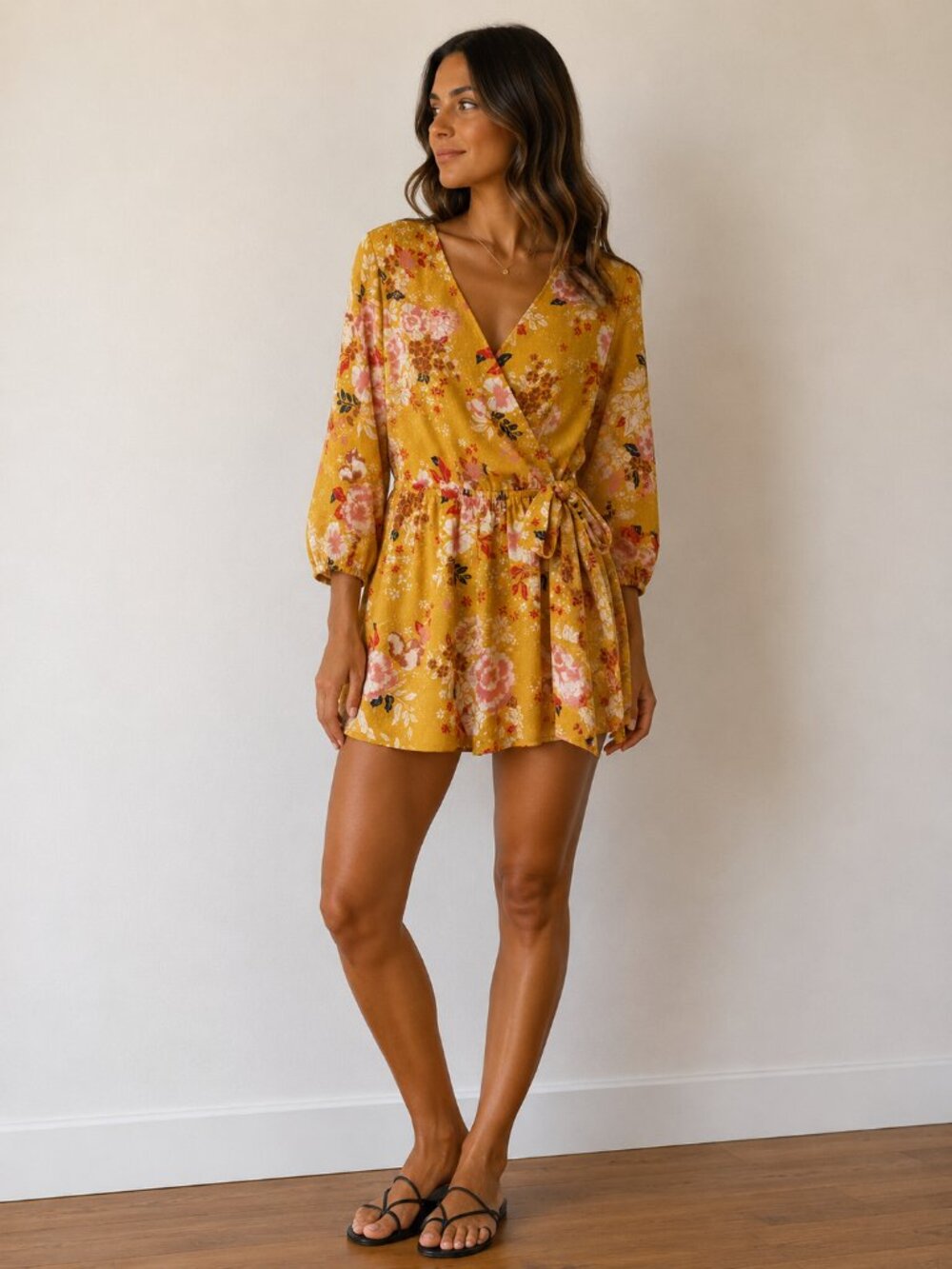 one clothing Mustard Yellow Floral Wrap Romper